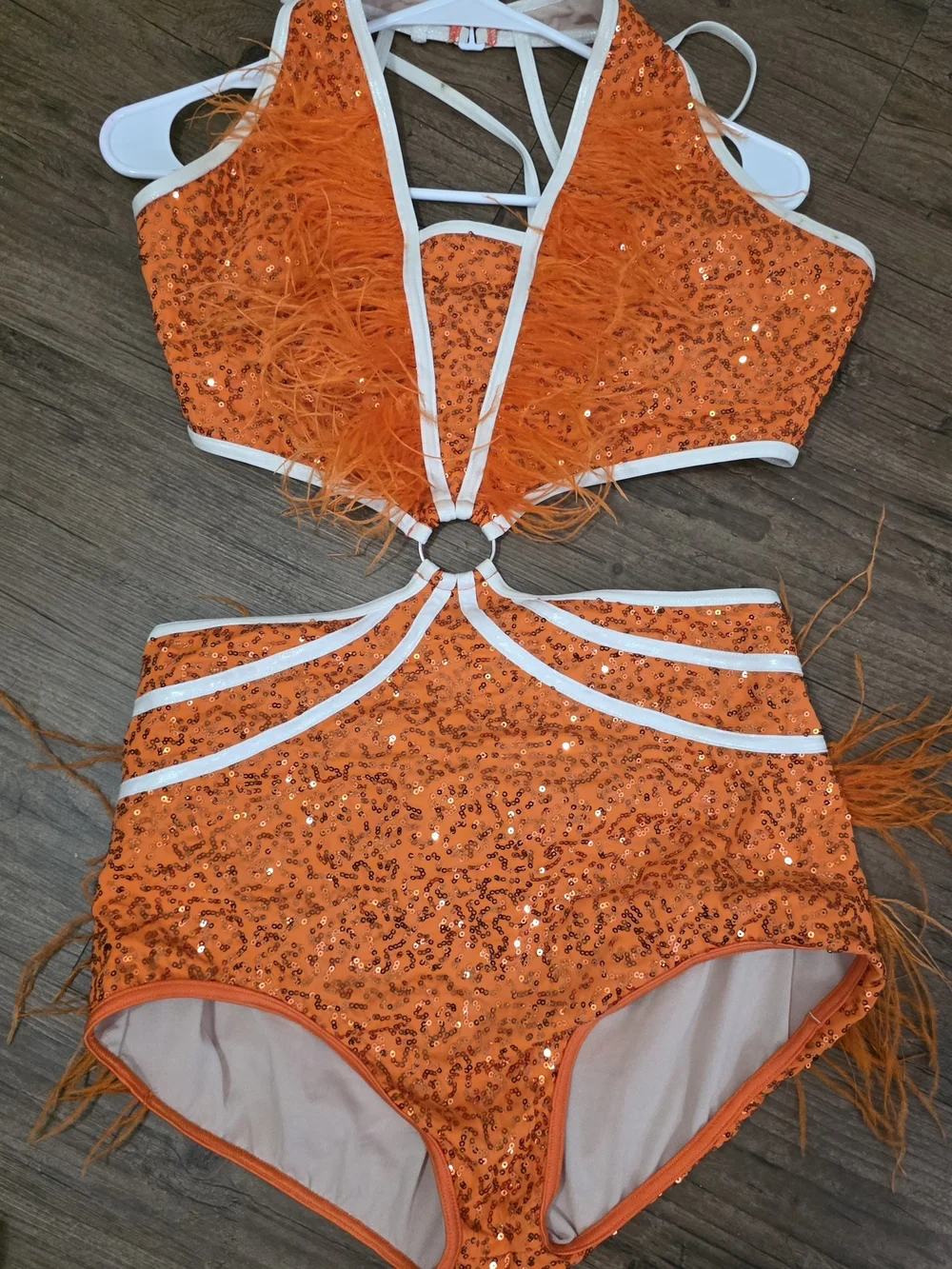 Orange Sequin Feather Kids Dance Costume